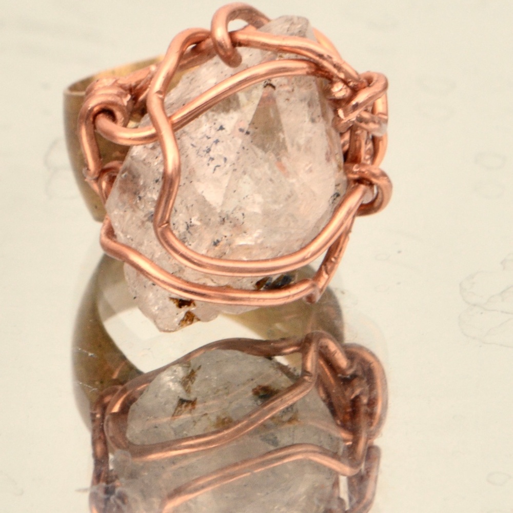 CUSTOM Genuine Herkimer Diamond Quartz Brass Solid Copper Ring Rustic Reiki OOAK - Picture 1 of 7